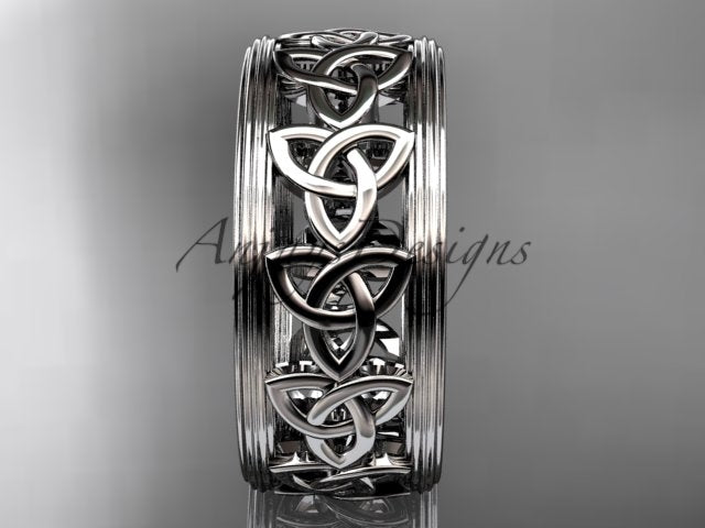 Front view of a platinum ring featuring a row of Celtic trinity knot designs