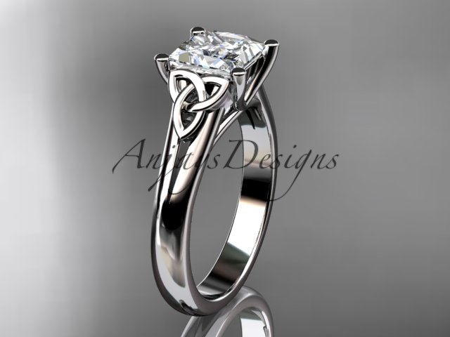 Princess Cut Lab Grown Diamond Ring 14K White Gold Engagement Ring Irish Celtic Engagement Ring IGI Certified - AnjaysDesigns