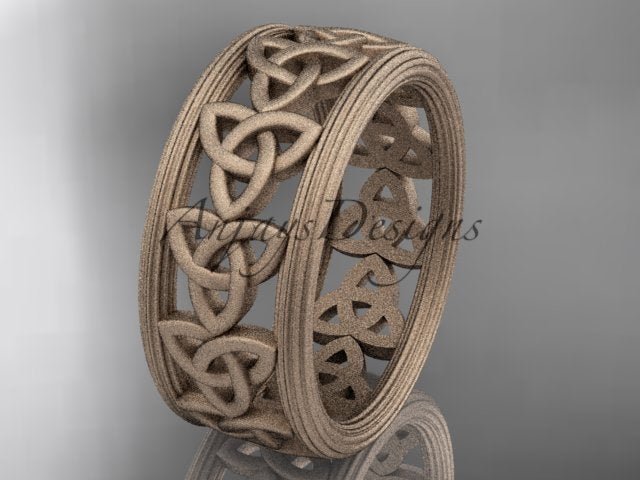 Rose gold Celtic wedding band with repeating trinity knot motifs and fine borders
