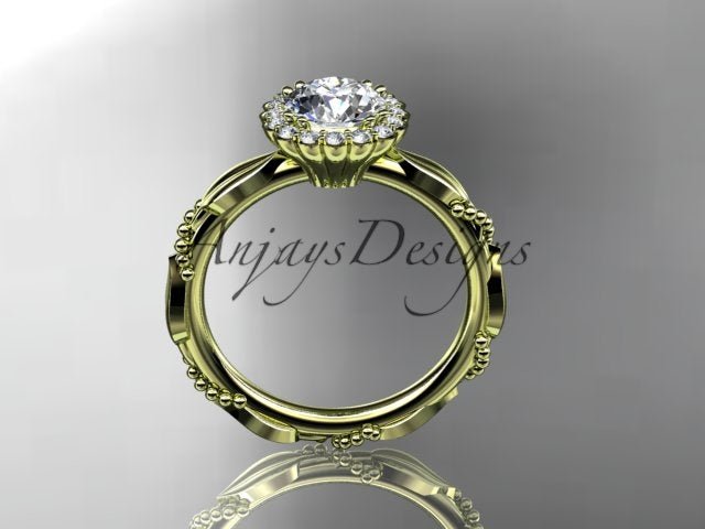 Round lab grown diamond engagement ring with beaded band in 14k yellow gold