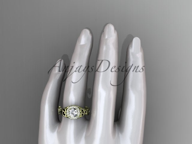 1 Carat Round Lab Grown Diamond Ring Celtic Halo Nature Inspired Engagement Ring - AnjaysDesigns