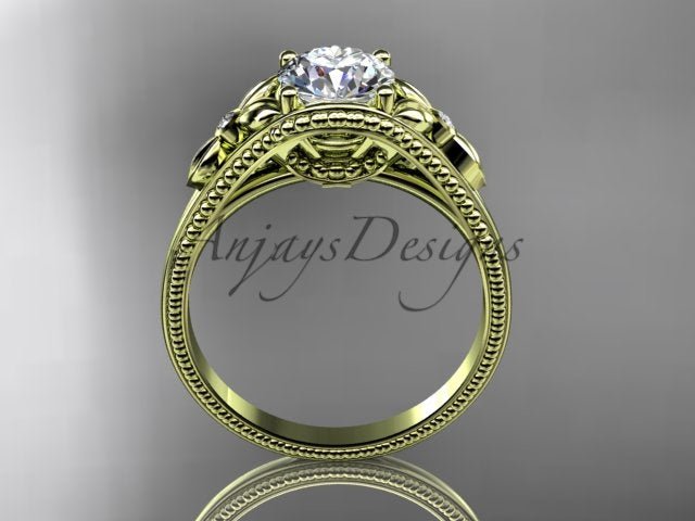 Nature inspired leaf and vine engagement ring with round lab grown diamond in 14k yellow gold