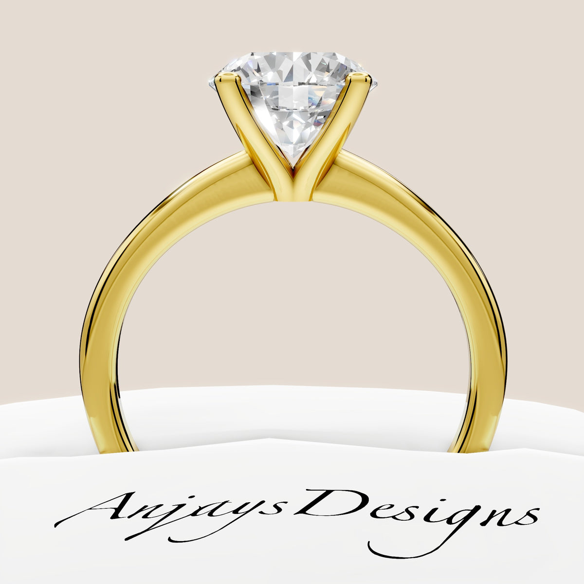 Side view of 1 carat round cut lab grown diamond solitaire ring in 14k yellow gold