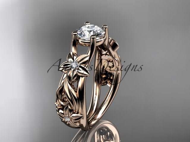 Unique flower engagement ring with 1 carat lab grown diamond in 14k rose gold
