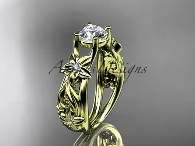 Unique flower engagement ring with 1 carat lab grown diamond in 14k yellow gold