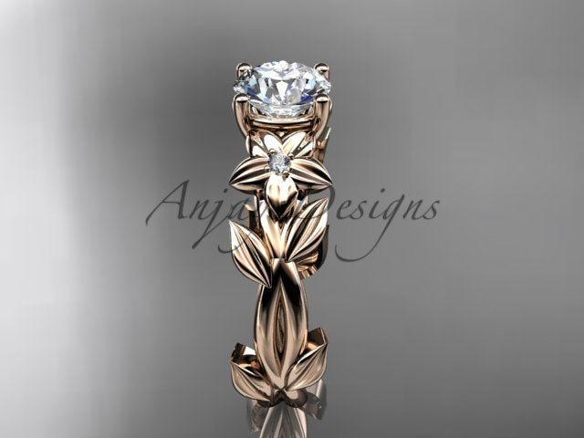 Round Diamond Nature Inspired Engagement Ring Lab Grown Diamond Unique Wedding Rings - AnjaysDesigns