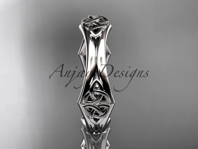 White metal Celtic trinity knot wedding band showing the front knot detail.