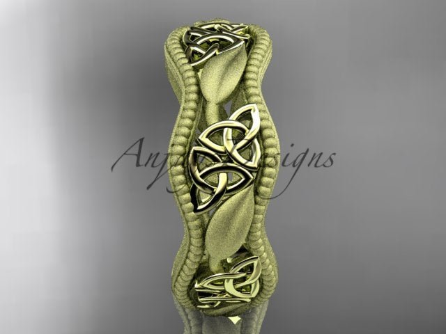 Front view of yellow gold ring featuring interwoven Celtic knot details