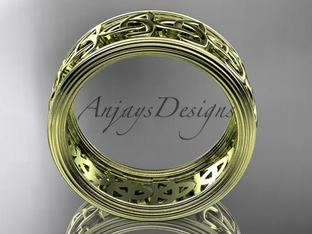 Interior view of a yellow gold Celtic band with a continuous decorative pattern