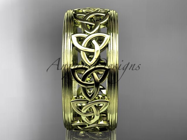 Front view of a yellow gold wedding ring with interwoven Celtic knot motifs