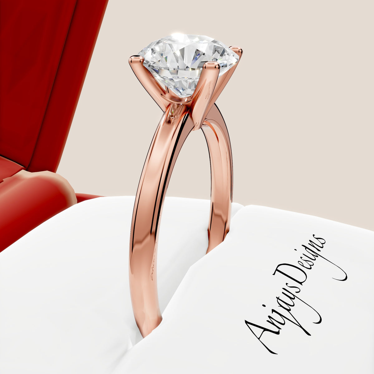 1 carat round cut lab grown diamond solitaire engagement ring with 4 prong setting in 14k rose gold