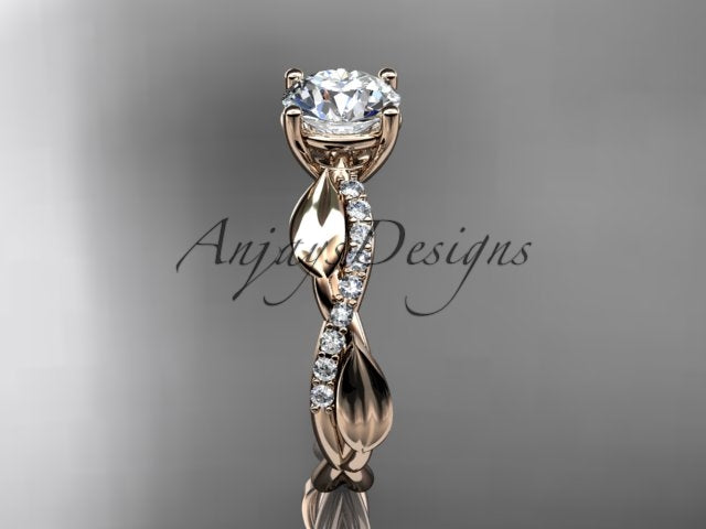 Nature inspired leaf engagement ring with round lab grown diamond in 14k rose gold