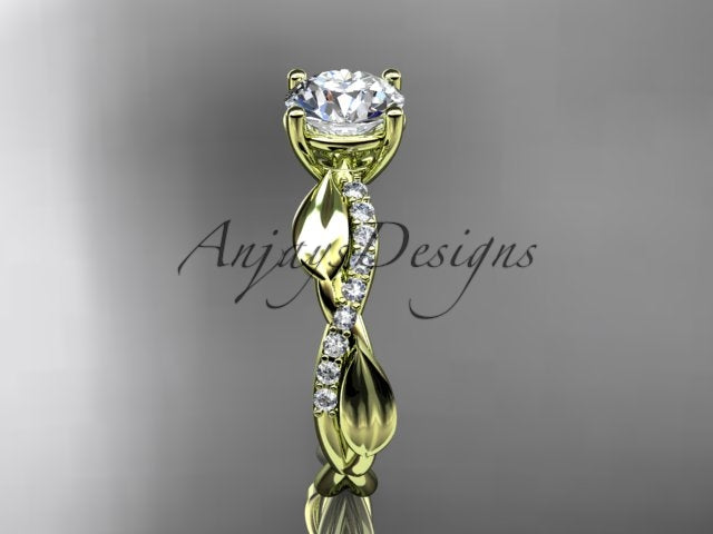 1 carat round D VS1 lab grown diamond leaf engagement ring in 14k yellow gold