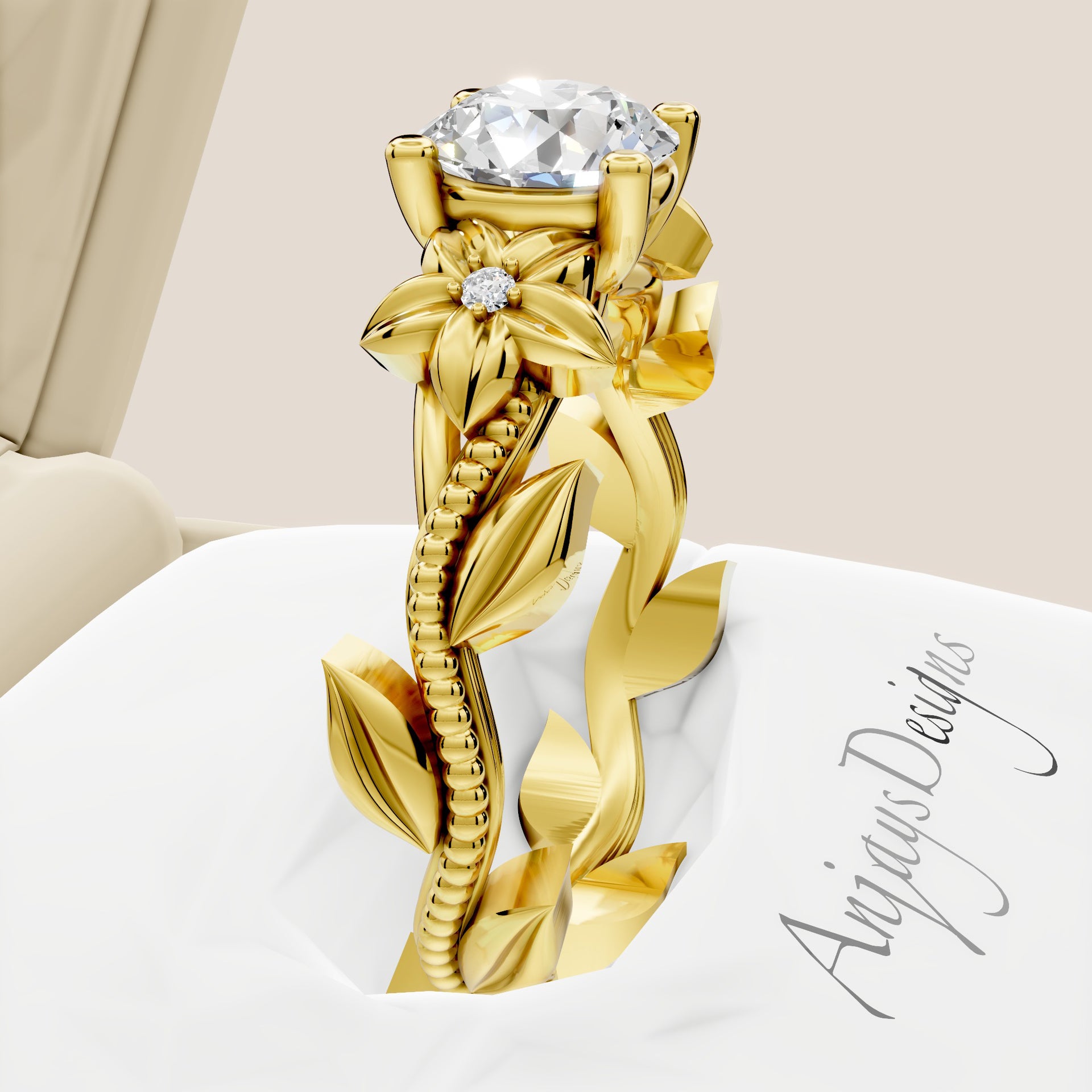 1 Carat Round Diamond Flower Engagement Ring Lab Grown Diamond Floral Ring Nature Inspired