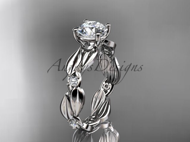 1 carat round lab grown diamond engagement ring with nature inspired leaf and vine design in 14k white gold
