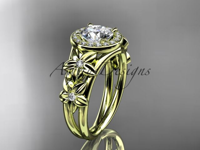 1 carat round D VS1 lab grown diamond halo flower engagement ring in 14k yellow gold