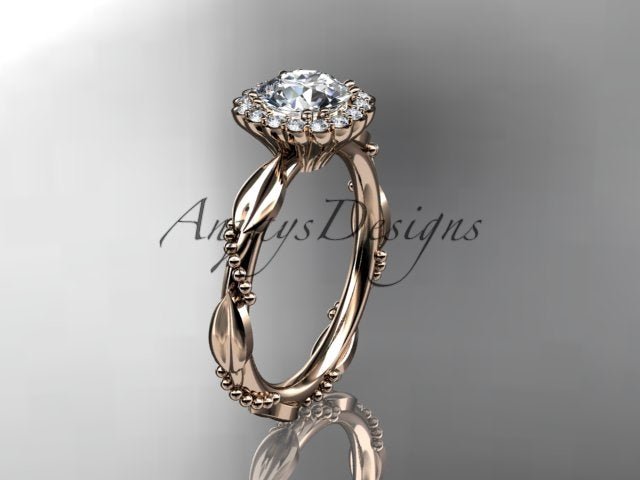 1 carat round lab grown diamond engagement ring with nature inspired leaf and beaded band in 14k rose gold