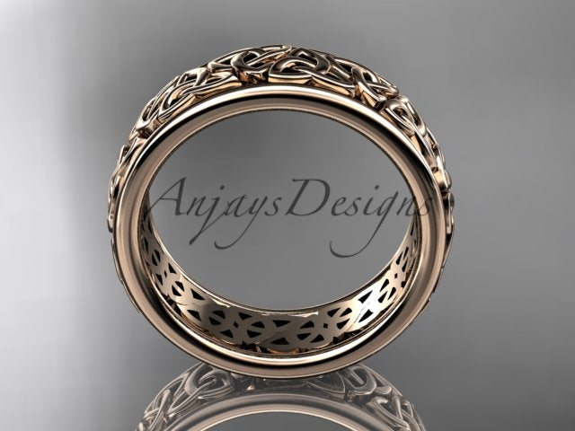 14K rose gold Celtic knot wedding band showing its circular interior and openwork detailing.