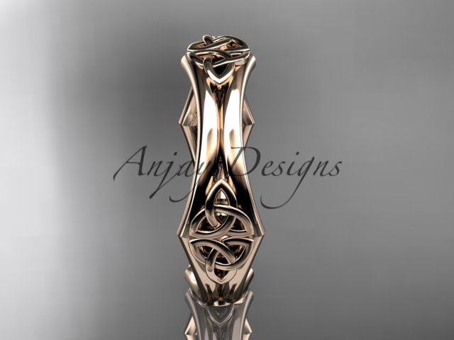 14K rose gold Celtic trinity knot wedding band showing the front knot detail.