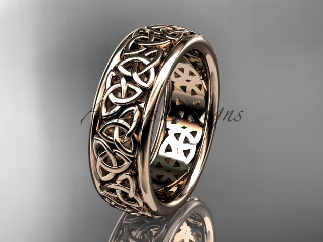 14K rose gold wedding band featuring an intricate continuous interwoven Celtic knot pattern, shown at an angle.