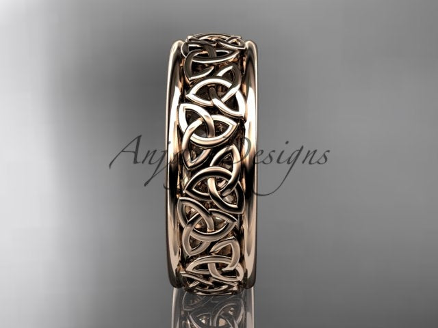 14K rose gold wedding band displaying the full repeating Celtic knot design across the band.