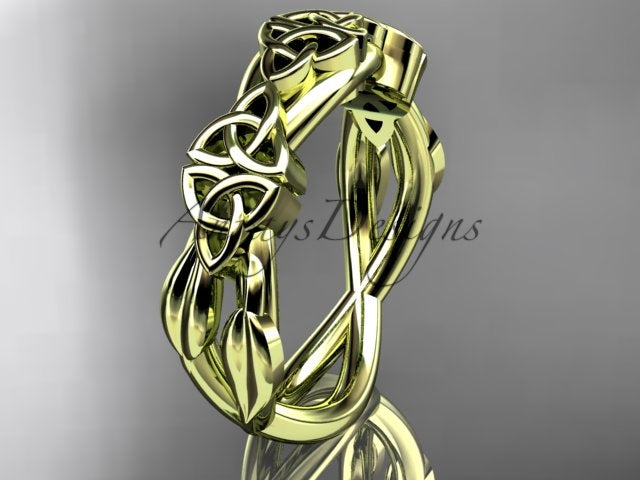 14K yellow gold Celtic trinity knot wedding band with flowing leaf details, shown at an angle.