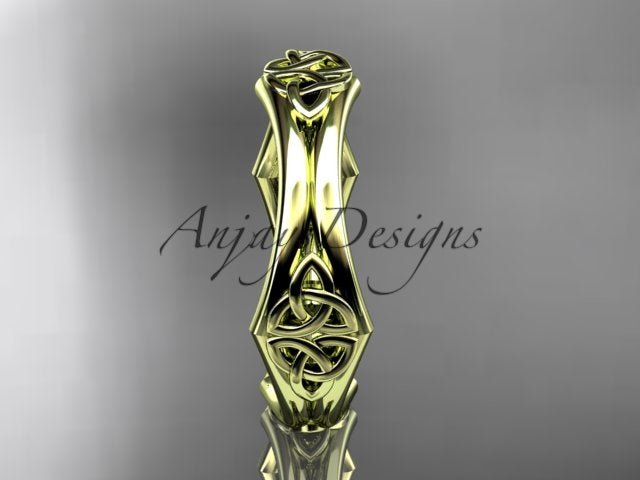14K yellow gold Celtic trinity knot wedding band showing the front knot detail.