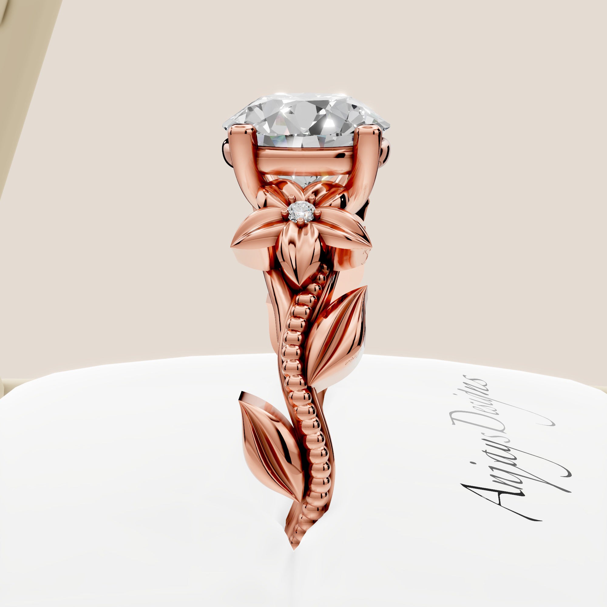 Nature Inspired Diamond Engagement Ring 2 Carat Round Diamond Flower Ring