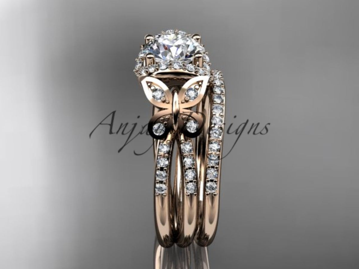 Detailed view of the diamond-set bands on the butterfly ring