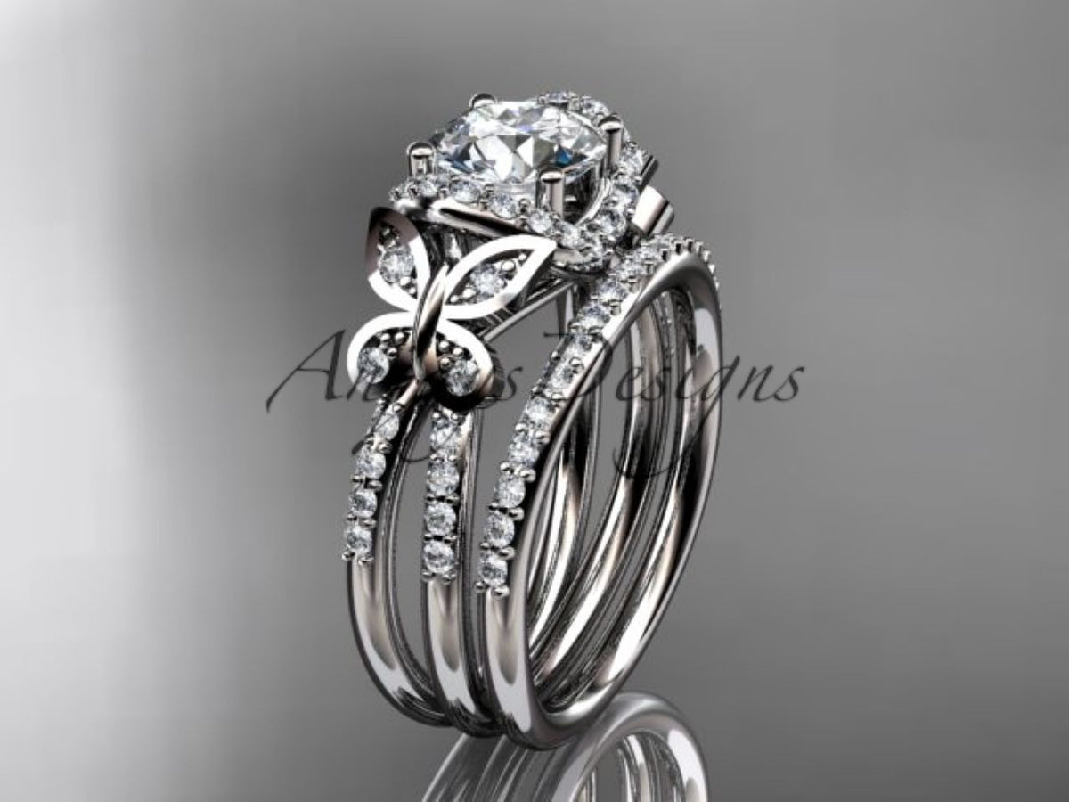 14K white gold butterfly bridal ring with lab-grown diamond center