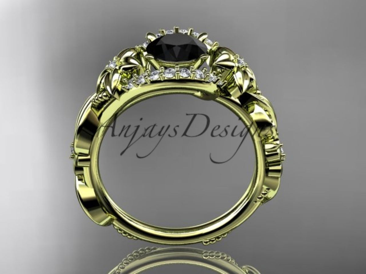 Rose gold engagement ring with botanical curves and black diamond