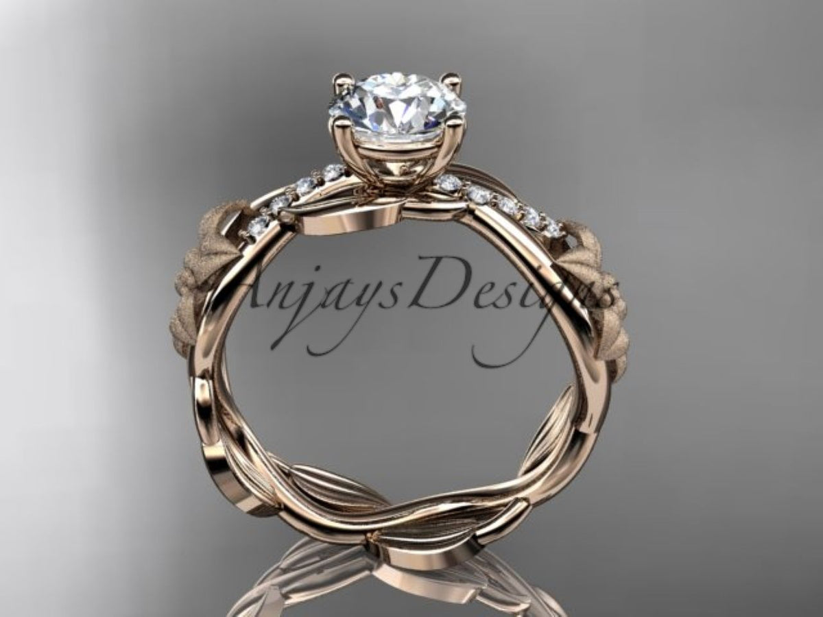 1. Floral leaf and vine diamond ring in polished rose gold
