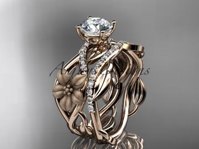 14K rose gold floral leaf and vine lab-grown diamond engagement ring set