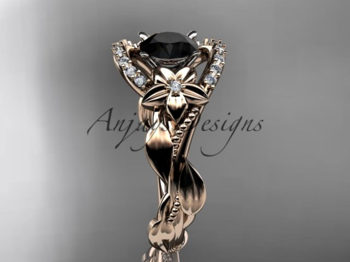Enhanced black diamond center in a sculpted rose gold leaf setting