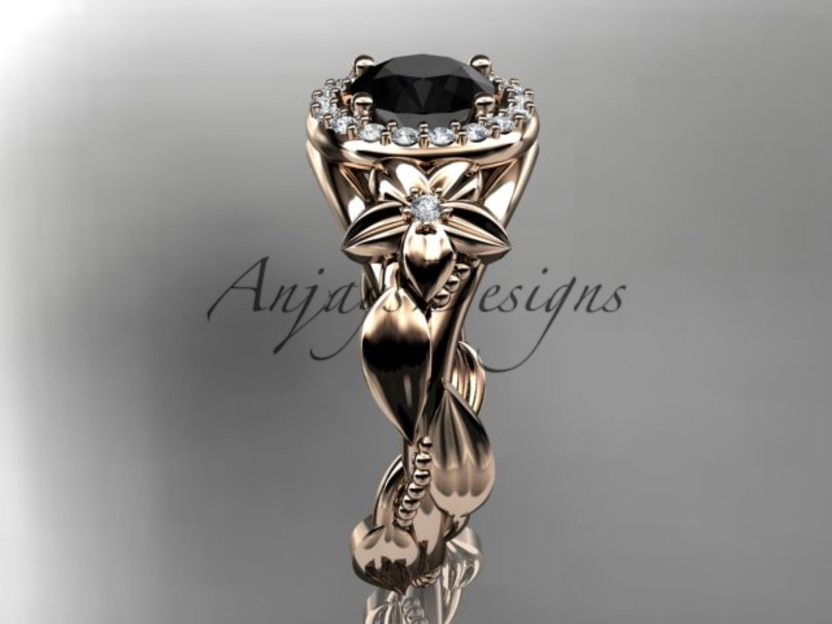 Enhanced Black Diamond Floral Engagement Ring with Sculpted Leaf Details