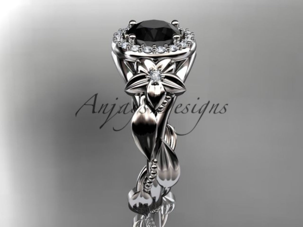 Enhanced Black Diamond Floral Engagement Ring with Sculpted Leaf Details