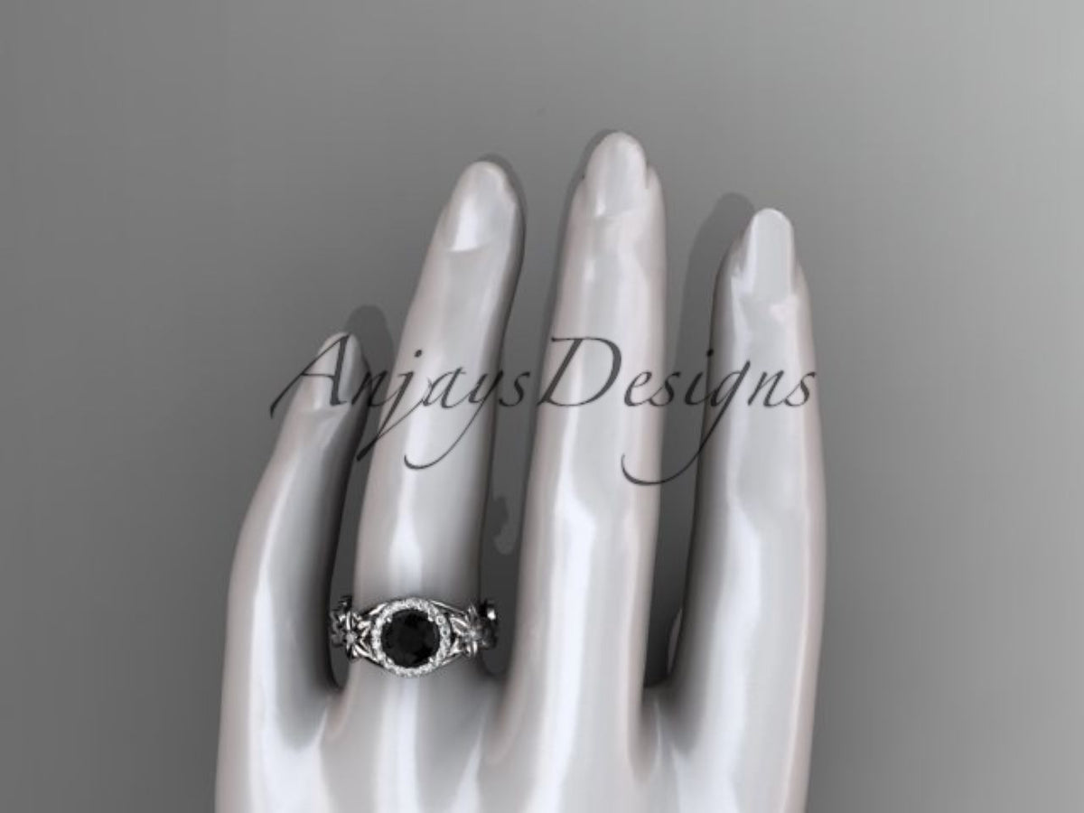 Enhanced Black Diamond Floral Engagement Ring with Sculpted Leaf Details