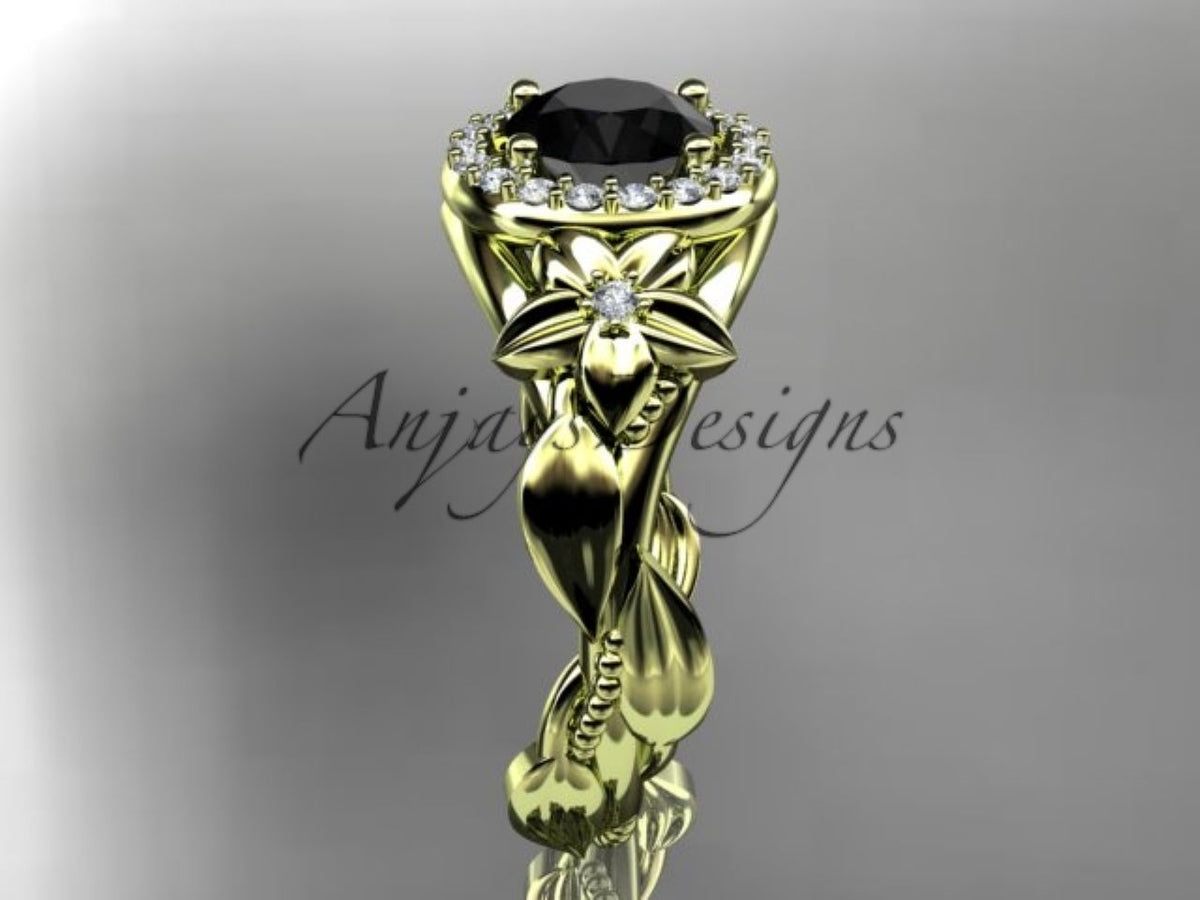 Enhanced Black Diamond Floral Engagement Ring with Sculpted Leaf Details