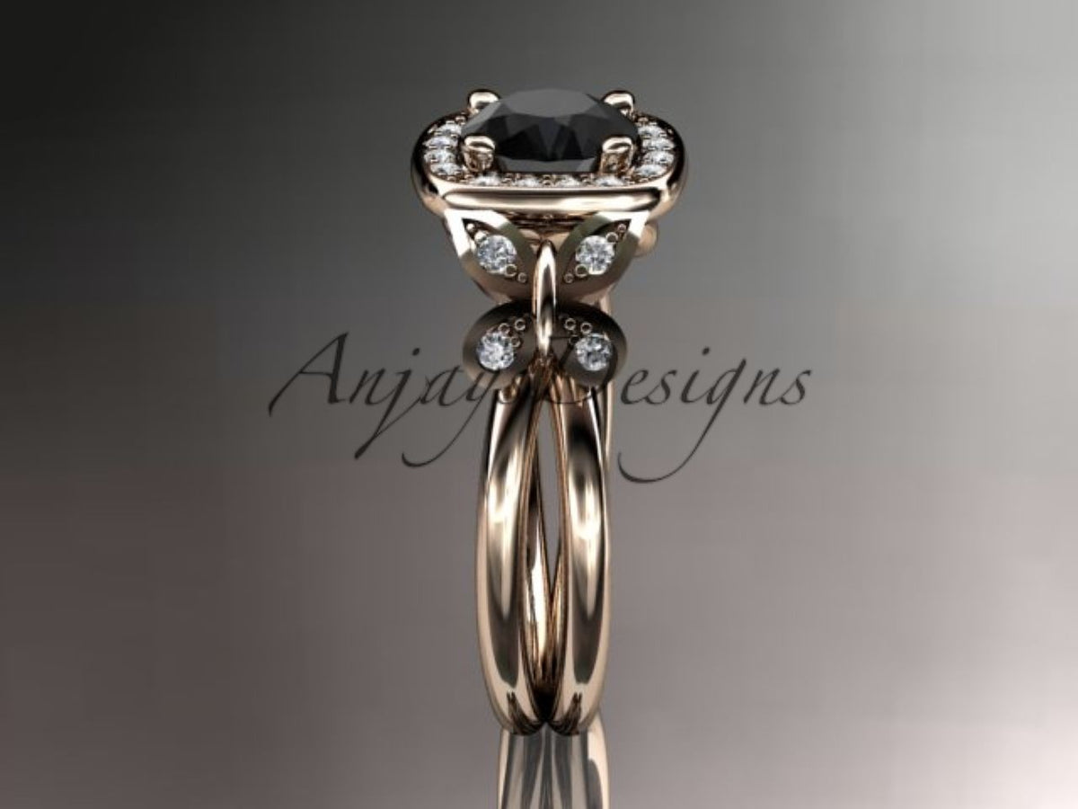 Black diamond engagement ring with open botanical-style setting