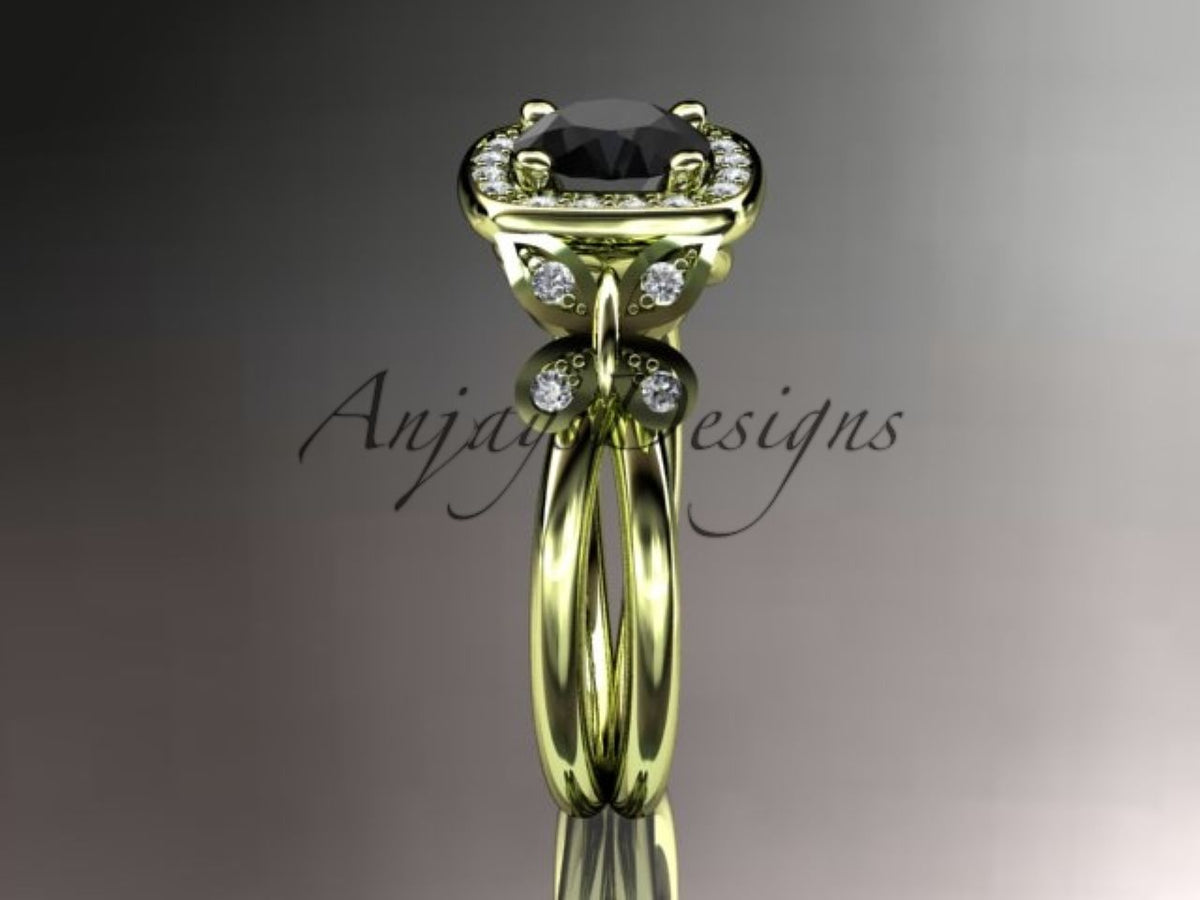 Black diamond center stone in a sculpted yellow gold setting
