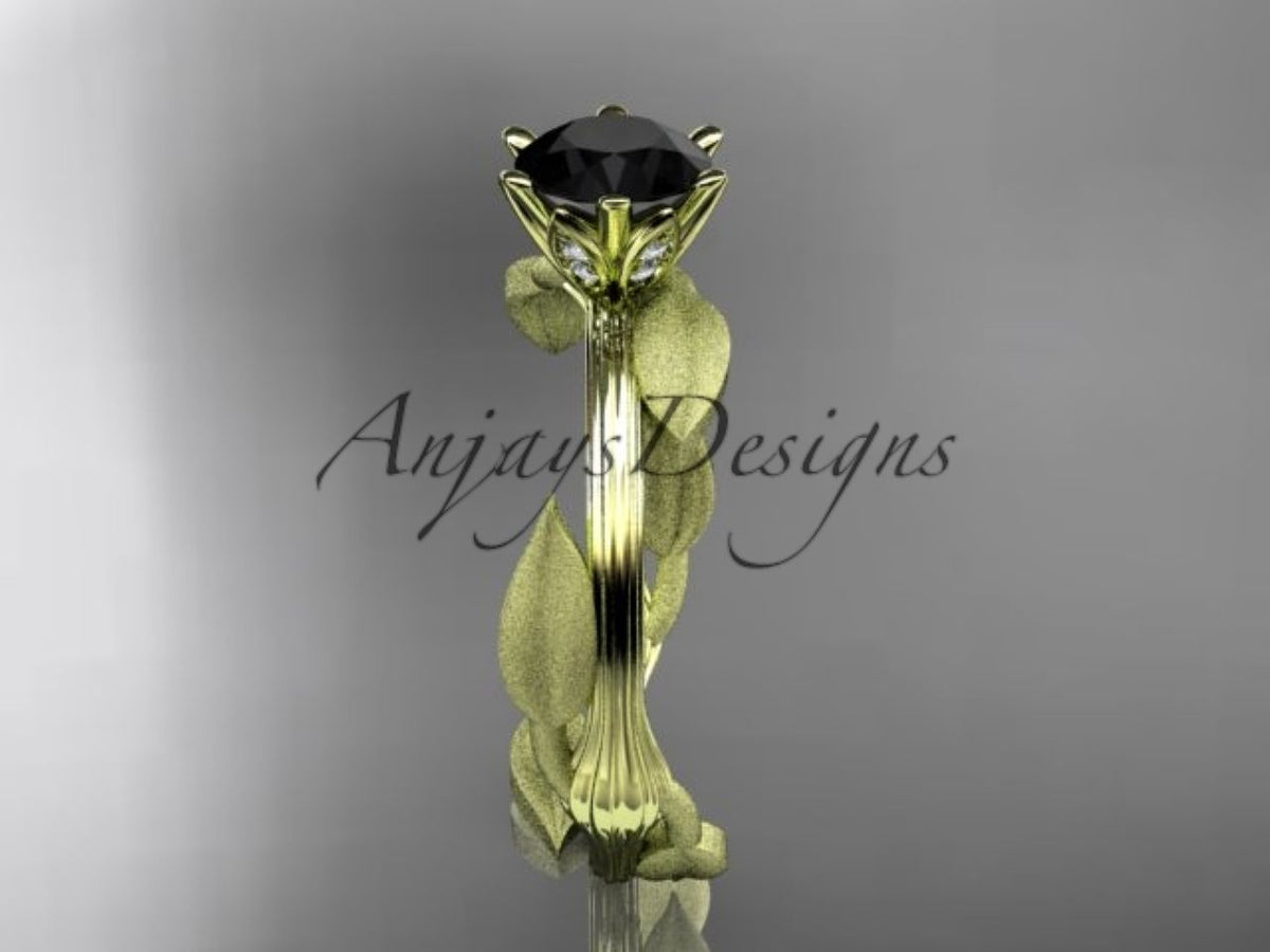 Enhanced black diamond in a sculpted yellow gold botanical setting