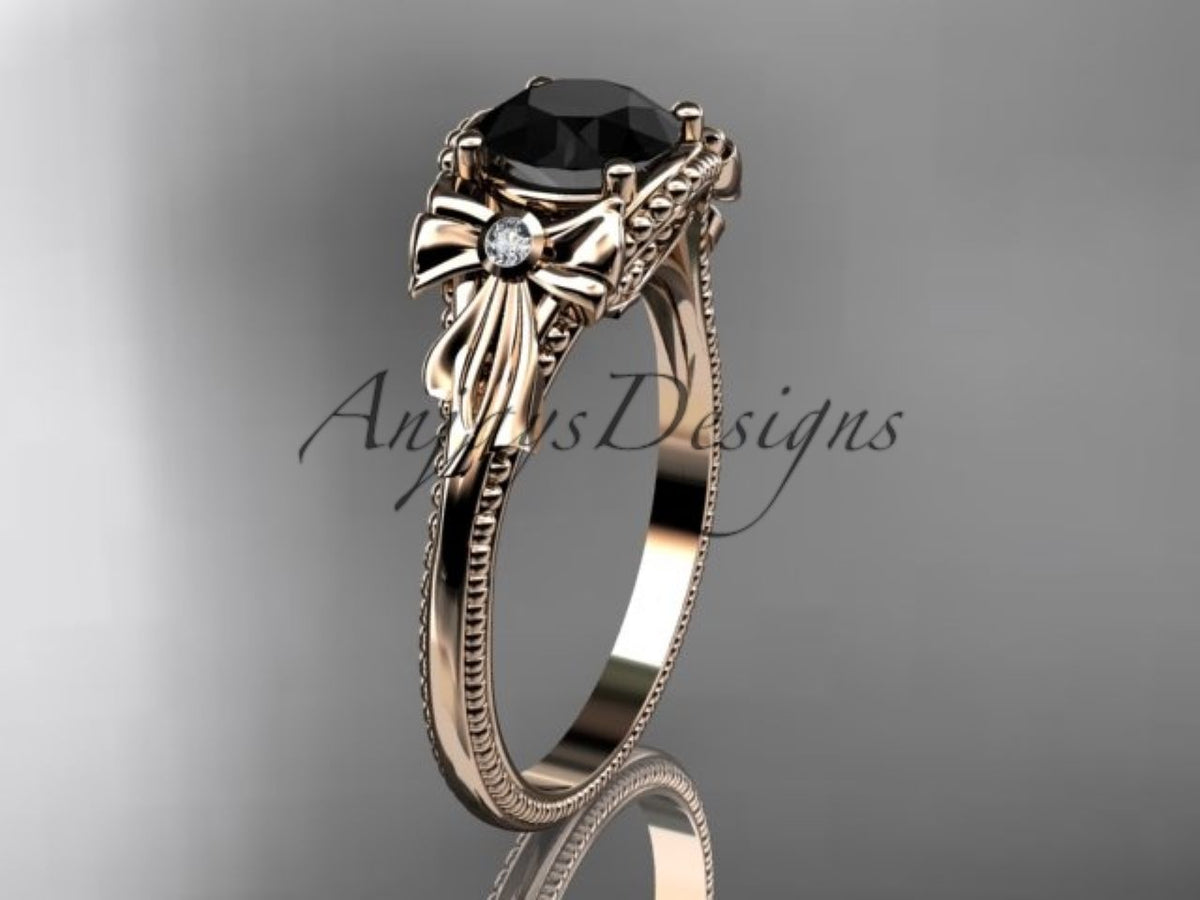1-carat black diamond in a white gold floral ring setting

