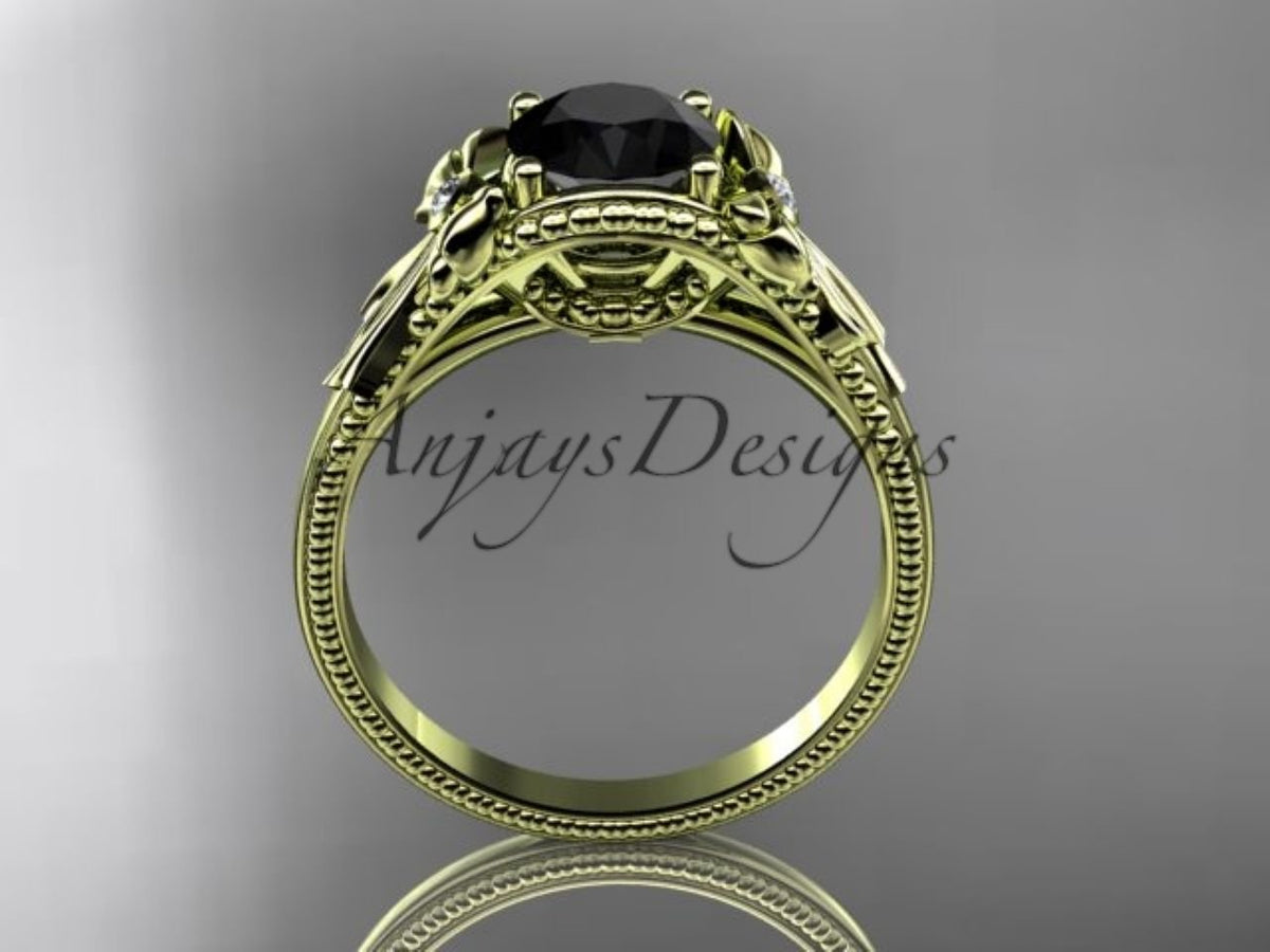 Black Diamond Flower Engagement Ring with Sculpted Bow and Milgrain Band