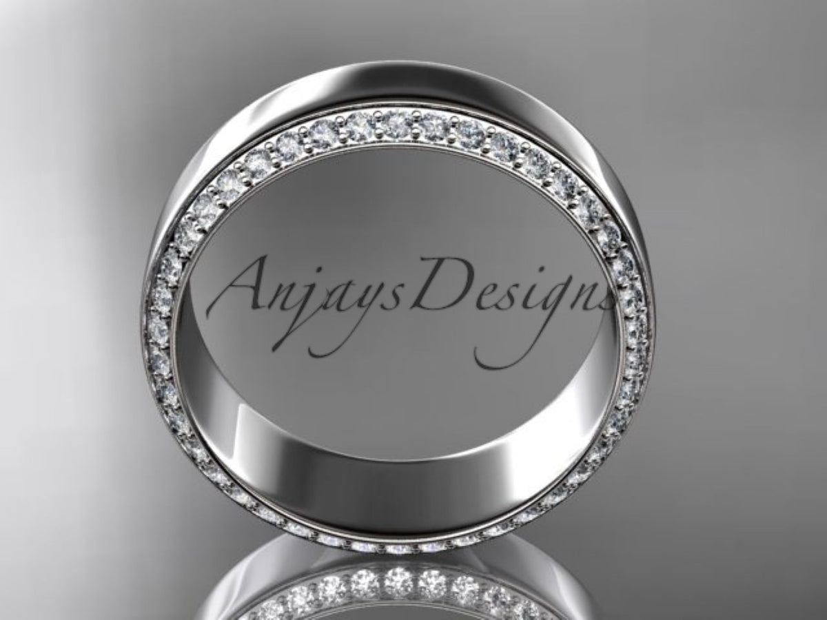 Polished white gold band with a row of sparkling diamonds