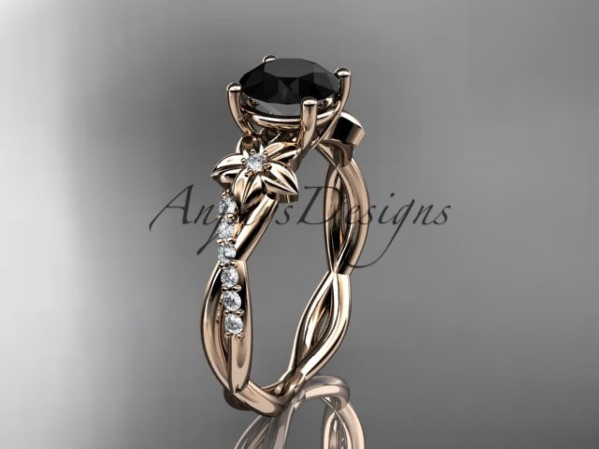 Black Diamond Flower Engagement Ring with Sculpted Yellow Gold Vines