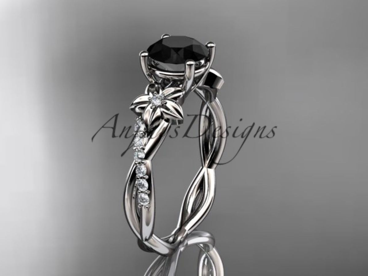 Black Diamond Flower Engagement Ring with Sculpted Yellow Gold Vines