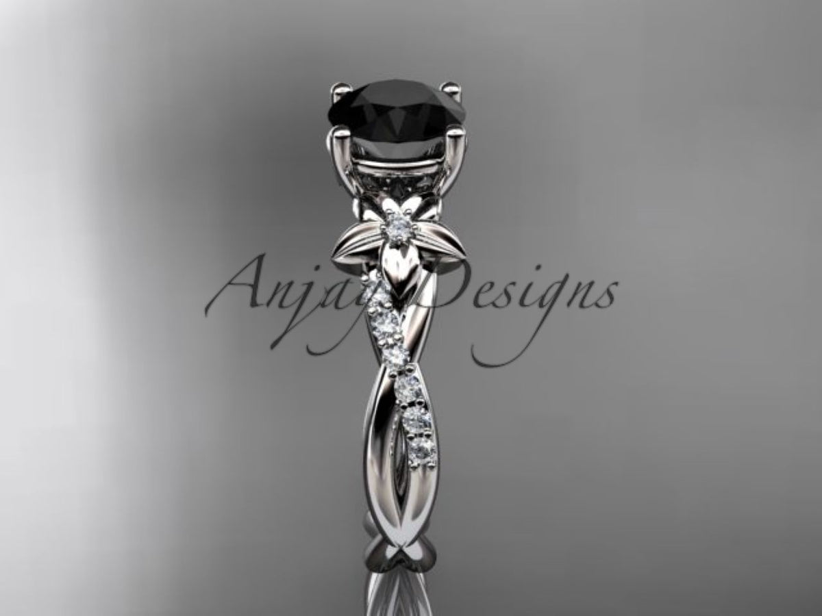 Black Diamond Flower Engagement Ring with Sculpted Yellow Gold Vines