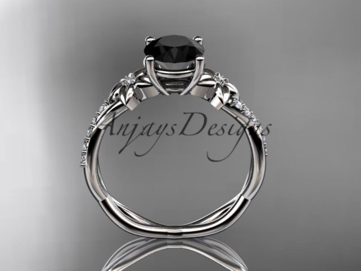 Black Diamond Flower Engagement Ring with Sculpted Yellow Gold Vines