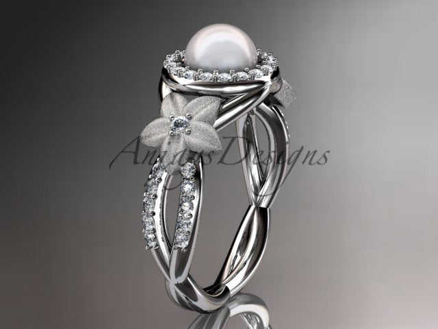 Close-up view of 6.5mm smooth cultured pearl surrounded by lab grown diamond halo