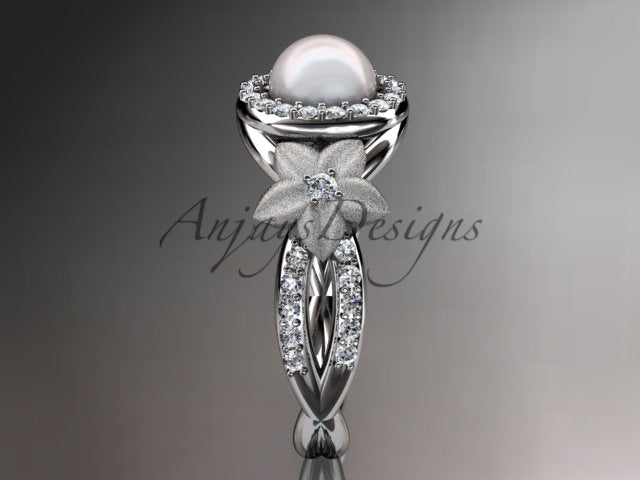 On-finger showcase of 14K rose gold pearl botanical floral engagement ring AP127